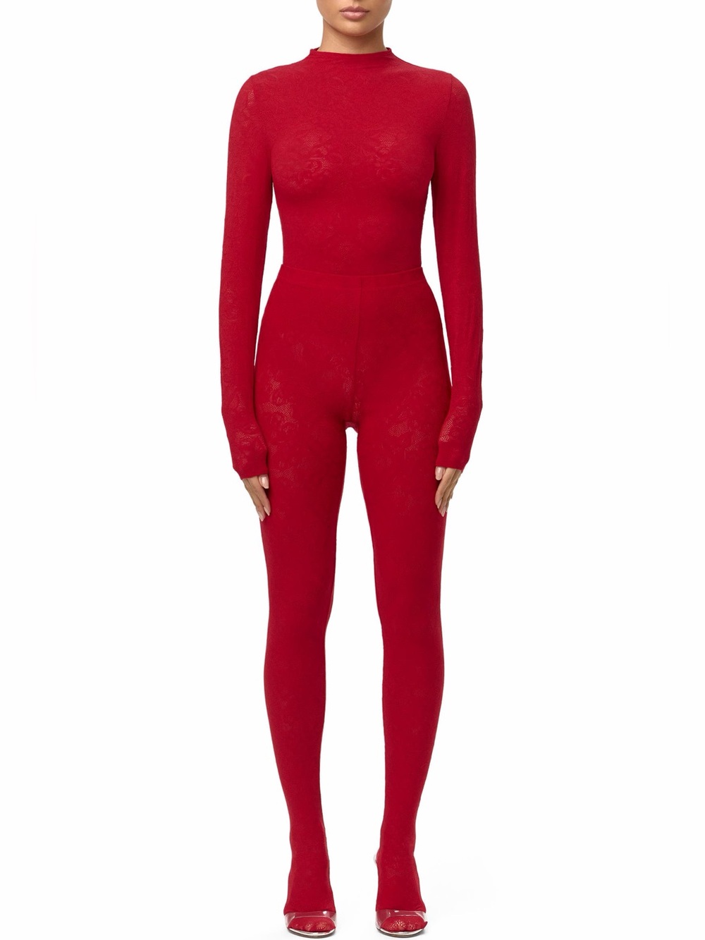 Naked Wardrobe Closed Toe Semisheer Lace Leggings M Ruby Red